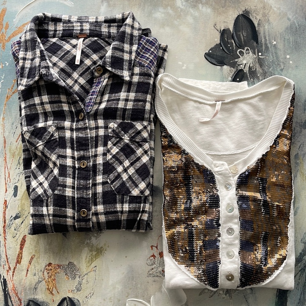 Free People Longsleeve Tee & Plaid Shirt Womens Sizes XS Bundle